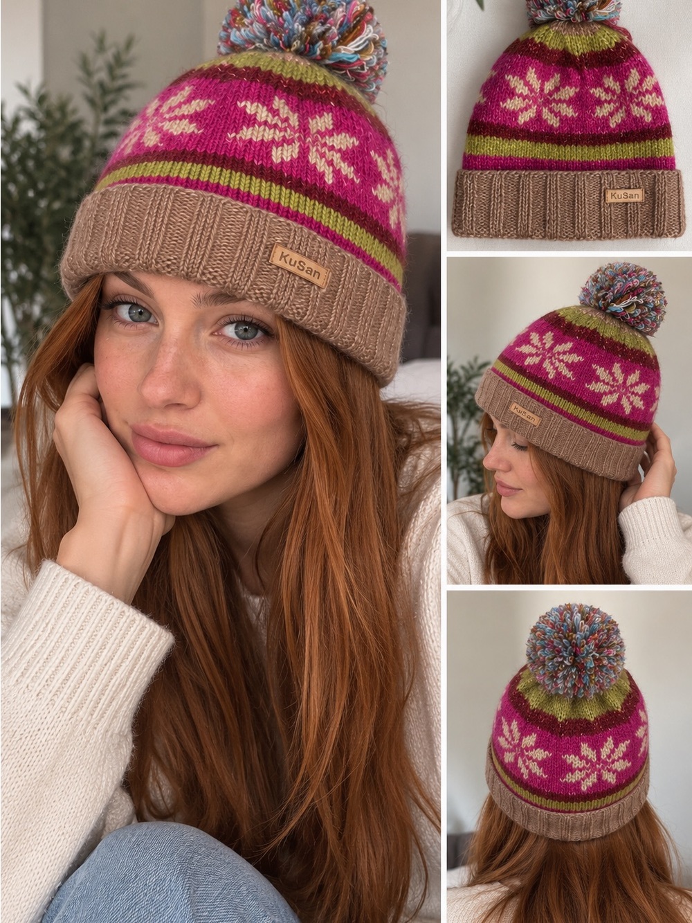 KuSan Wool Blend Fair Isle Pom Pom Beanie Hat Made in Nepal